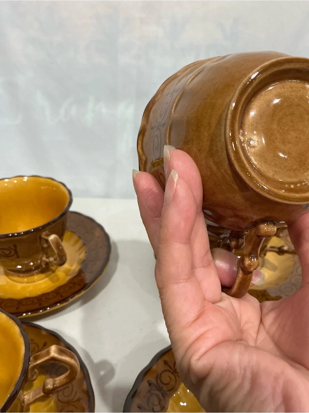 Amber Brown Ceramic Teacup and Saucer Set - 5pc